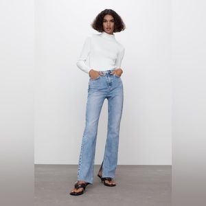 ZARA Size 34 Size 2 High Rise Slim Flare Jeans Split Denim Z1975